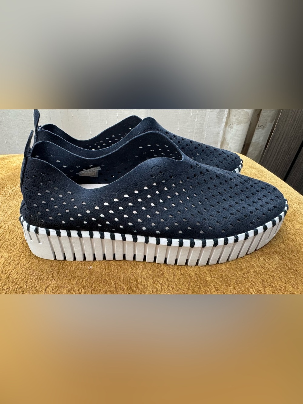 Ilse Jacobsen Sz 38 (7.5/8) Tulip Platform Navy Perforated Knit Slip-On Loafers